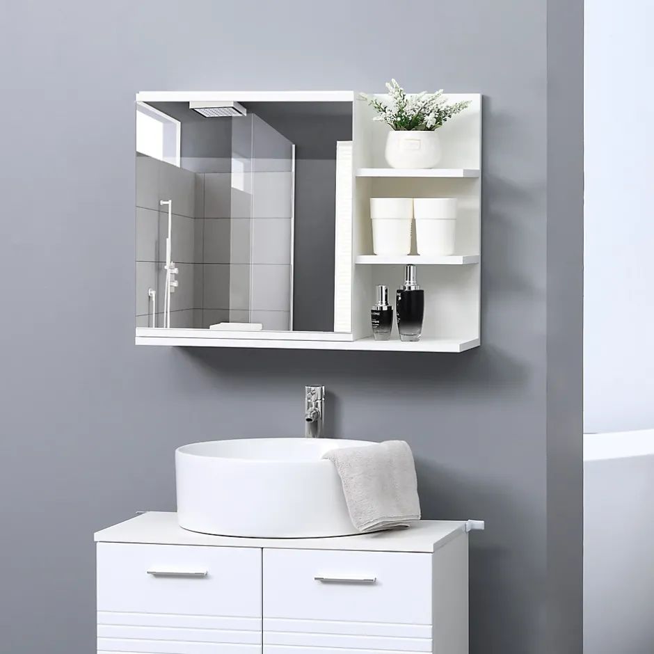 kleankin Armoire miroir de salle de bain avec étagère - 3 étagères latérales - kit installation murale fourni - panneaux particules blanc