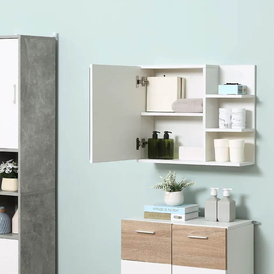 kleankin Armoire miroir de salle de bain avec étagère - 3 étagères latérales - kit installation murale fourni - panneaux particules blanc