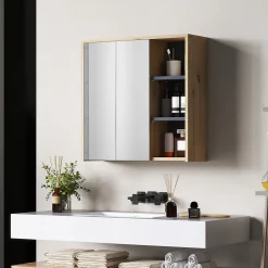 Homcom Armoire miroir de salle de bain - 2 portes, étagère, 3 niches - dim. 60 x 20 x 60 cm - effet bois clair naturel