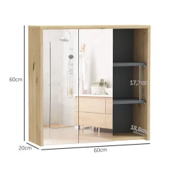 Homcom Armoire miroir de salle de bain - 2 portes, étagère, 3 niches - dim. 60 x 20 x 60 cm - effet bois clair naturel