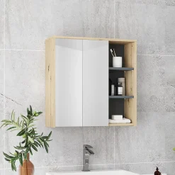 Homcom Armoire miroir de salle de bain - 2 portes, étagère, 3 niches - dim. 60 x 20 x 60 cm - effet bois clair naturel