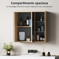 Homcom Armoire miroir de salle de bain - 2 portes, étagère, 3 niches - dim. 60 x 20 x 60 cm - effet bois clair naturel
