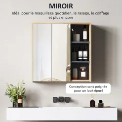 Homcom Armoire miroir de salle de bain - 2 portes, étagère, 3 niches - dim. 60 x 20 x 60 cm - effet bois clair naturel