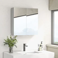 kleankin Armoire miroir de salle de bain armoire murale double portes et étagères dim. 60L x 15l x 60H cm MDF blanc* Armoire De Toilette