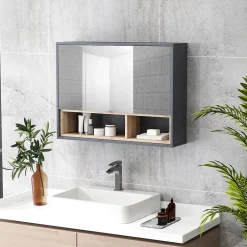 Homcom Armoire miroir de salle de bain - 3 portes, 3 étagères, 2 niches - dim. 80 x 20 x 60 cm - gris effet bois clair naturel