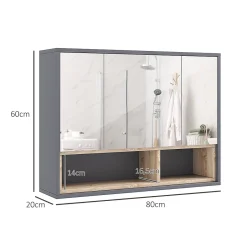 Homcom Armoire miroir de salle de bain - 3 portes, 3 étagères, 2 niches - dim. 80 x 20 x 60 cm - gris effet bois clair naturel