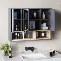 Homcom Armoire miroir de salle de bain - 3 portes, 3 étagères, 2 niches - dim. 80 x 20 x 60 cm - gris effet bois clair naturel