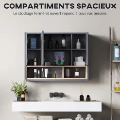 Homcom Armoire miroir de salle de bain - 3 portes, 3 étagères, 2 niches - dim. 80 x 20 x 60 cm - gris effet bois clair naturel