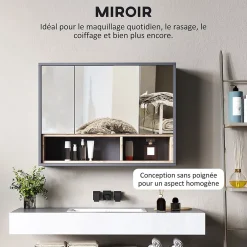 Homcom Armoire miroir de salle de bain - 3 portes, 3 étagères, 2 niches - dim. 80 x 20 x 60 cm - gris effet bois clair naturel