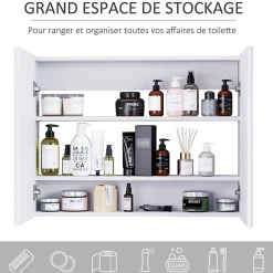 Homcom Armoire miroir de salle de bain armoire murale double portes et étagères dim. 80L x 15l x 60H cm MDF blanc