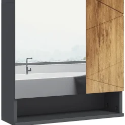 kleankin Armoire miroir de salle de bain - 2 portes, 2 étagères, niche - anthracite aspect bois* Armoire De Toilette
