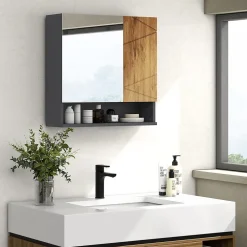 kleankin Armoire miroir de salle de bain - 2 portes, 2 étagères, niche - anthracite aspect bois* Armoire De Toilette