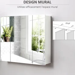 kleankin Armoire miroir de salle de bain armoire murale 3 portes 2 étagères dim. 70L x 15l x 60H cm MDF blanc