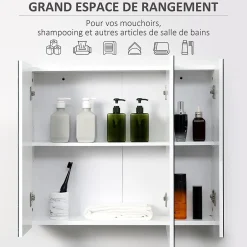kleankin Armoire miroir de salle de bain armoire murale 3 portes 2 étagères dim. 70L x 15l x 60H cm MDF blanc