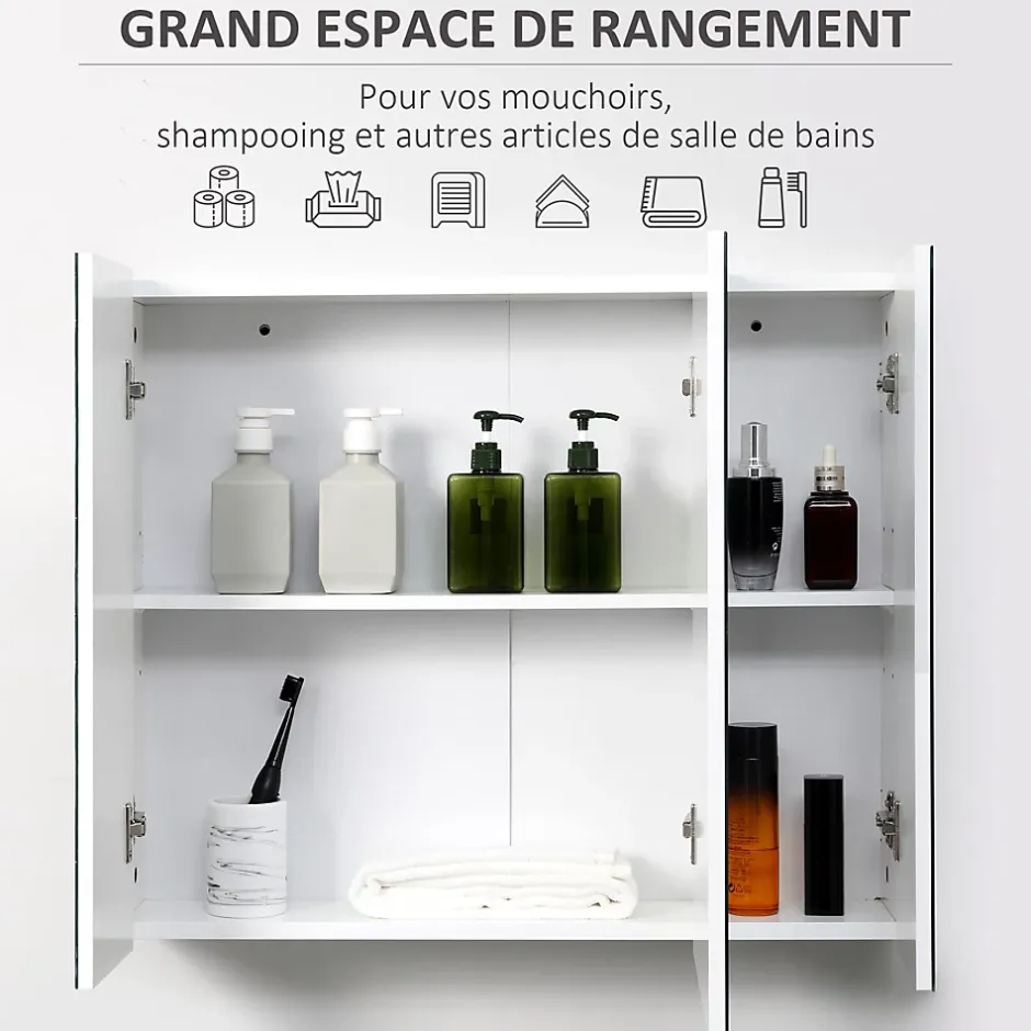 kleankin Armoire miroir de salle de bain armoire murale 3 portes 2 étagères dim. 70L x 15l x 60H cm MDF blanc