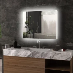 kleankin Armoire miroir LED de salle de bain - 2 portes, 2 étagères - tactile, lumière réglable - MDF blanc laqué verre* Armoire De Salle De Bains