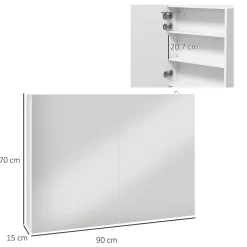 kleankin Armoire miroir LED de salle de bain - 2 portes, 2 étagères - tactile, lumière réglable - MDF blanc laqué verre* Armoire De Salle De Bains