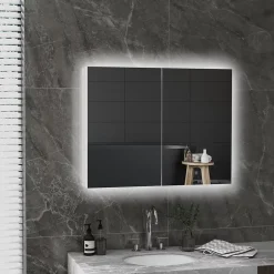 kleankin Armoire miroir LED de salle de bain - 2 portes, 2 étagères - tactile, lumière réglable - MDF blanc laqué verre* Armoire De Salle De Bains