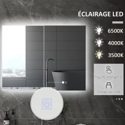 kleankin Armoire miroir LED de salle de bain - 2 portes, 2 étagères - tactile, lumière réglable - MDF blanc laqué verre* Armoire De Salle De Bains