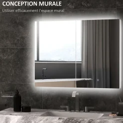 kleankin Armoire miroir LED de salle de bain - 2 portes, 2 étagères - tactile, lumière réglable - MDF blanc laqué verre* Armoire De Salle De Bains