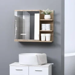 kleankin Armoire miroir murale de salle de bain avec étagère - 3 étagères latérales, kit installation - aspect chêne clair