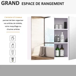 Homcom Armoire miroir murale de salle de bain 3 étagères réglables dim. 70L x 60H cm blanc* Armoire De Toilette