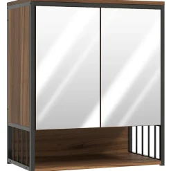Homcom Armoire miroir murale salle de bain 2 portes design - étagère, niche - métal noir effet bois noyer* Armoire De Toilette
