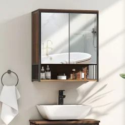 Homcom Armoire miroir murale salle de bain 2 portes design - étagère, niche - métal noir effet bois noyer* Armoire De Toilette