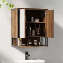 Homcom Armoire miroir murale salle de bain 2 portes design - étagère, niche - métal noir effet bois noyer* Armoire De Toilette