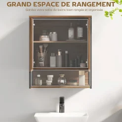 Homcom Armoire miroir murale salle de bain 2 portes design - étagère, niche - métal noir effet bois noyer* Armoire De Toilette