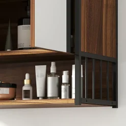 Homcom Armoire miroir murale salle de bain 2 portes design - étagère, niche - métal noir effet bois noyer* Armoire De Toilette