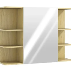 Homcom Armoire miroir murale salle de bain - porte, étagère, 2x3 tablettes latérales - 80 x 20 x 59 cm - effet bois clair* Armoire De Toilette