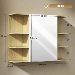 Homcom Armoire miroir murale salle de bain - porte, étagère, 2x3 tablettes latérales - 80 x 20 x 59 cm - effet bois clair* Armoire De Toilette