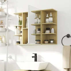 Homcom Armoire miroir murale salle de bain - porte, étagère, 2x3 tablettes latérales - 80 x 20 x 59 cm - effet bois clair* Armoire De Toilette