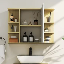 Homcom Armoire miroir murale salle de bain - porte, étagère, 2x3 tablettes latérales - 80 x 20 x 59 cm - effet bois clair* Armoire De Toilette