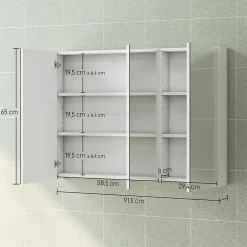 Homcom Armoire miroir murale salle de bain design 3 portes 4 étagères 91 x 11 x 65 cm blanc