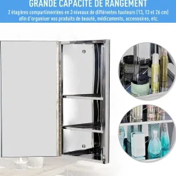 Homcom Armoire miroir salle de bain armoire de toilette murale meuble d'angle 2 étagères dim. 30L x 18,4l x 60H cm acier inox.* Armoire De Toilette