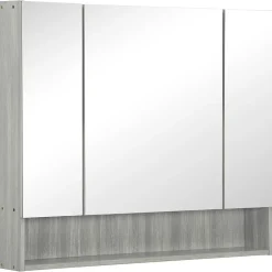 kleankin Armoire miroir salle de bain 3 portes 5 étagères, niche - 90 x 15 x 75 cm - effet bois gris* Armoire De Toilette
