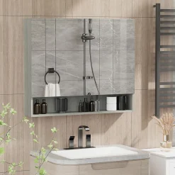 kleankin Armoire miroir salle de bain 3 portes 5 étagères, niche - 90 x 15 x 75 cm - effet bois gris* Armoire De Toilette