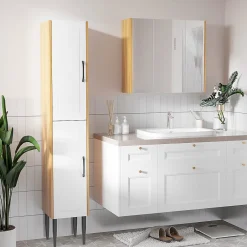 kleankin Armoire miroir salle de bain 3 portes 4 étagères aspect bois clair blanc* Armoire De Toilette