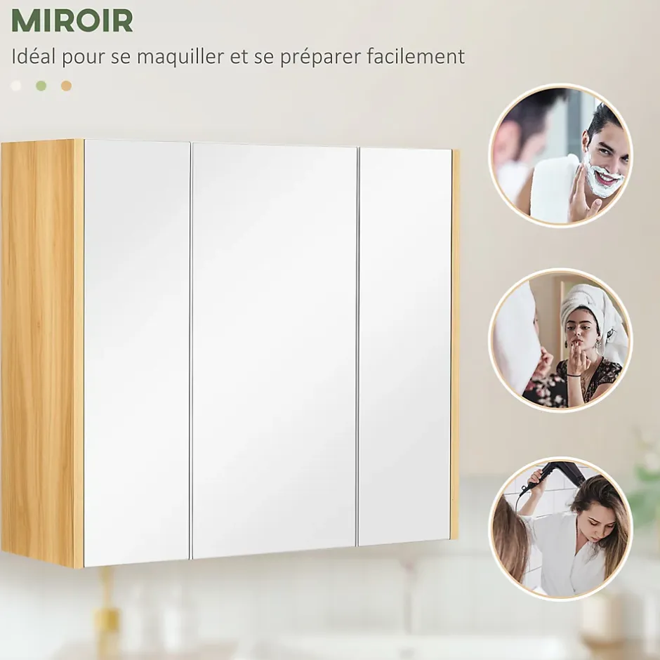 kleankin Armoire miroir salle de bain 3 portes 4 étagères aspect bois clair blanc* Armoire De Toilette