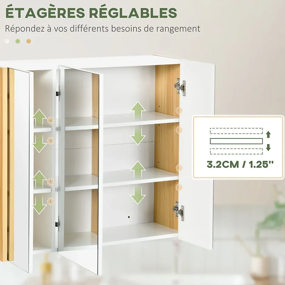 kleankin Armoire miroir salle de bain 3 portes 4 étagères aspect bois clair blanc* Armoire De Toilette