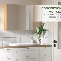 kleankin Armoire miroir salle de bain 3 portes 4 étagères aspect bois clair blanc* Armoire De Toilette