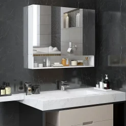 kleankin Armoire miroir salle de bain 3 portes 5 étagères, niche - 90 x 15 x 75 cm - blanc