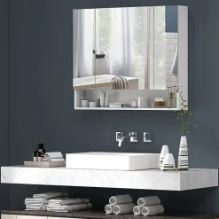 kleankin Armoire miroir salle de bain 3 portes 5 étagères, niche - 90 x 15 x 75 cm - blanc