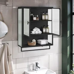 Okwish Armoire Murale 2 Portes avec Porte-Serviettes et Étagère Ouverte, Meuble en Verre et Métal pour Salle de Bain - 60x23x78 cm - Noir* Armoire De Salle De Bains