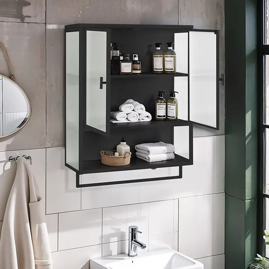 Okwish Armoire Murale 2 Portes avec Porte-Serviettes et Étagère Ouverte, Meuble en Verre et Métal pour Salle de Bain - 60x23x78 cm - Noir* Armoire De Salle De Bains