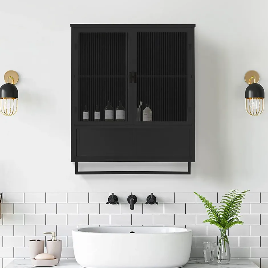 Okwish Armoire Murale 2 Portes avec Porte-Serviettes et Étagère Ouverte, Meuble en Verre et Métal pour Salle de Bain - 60x23x78 cm - Noir* Armoire De Salle De Bains