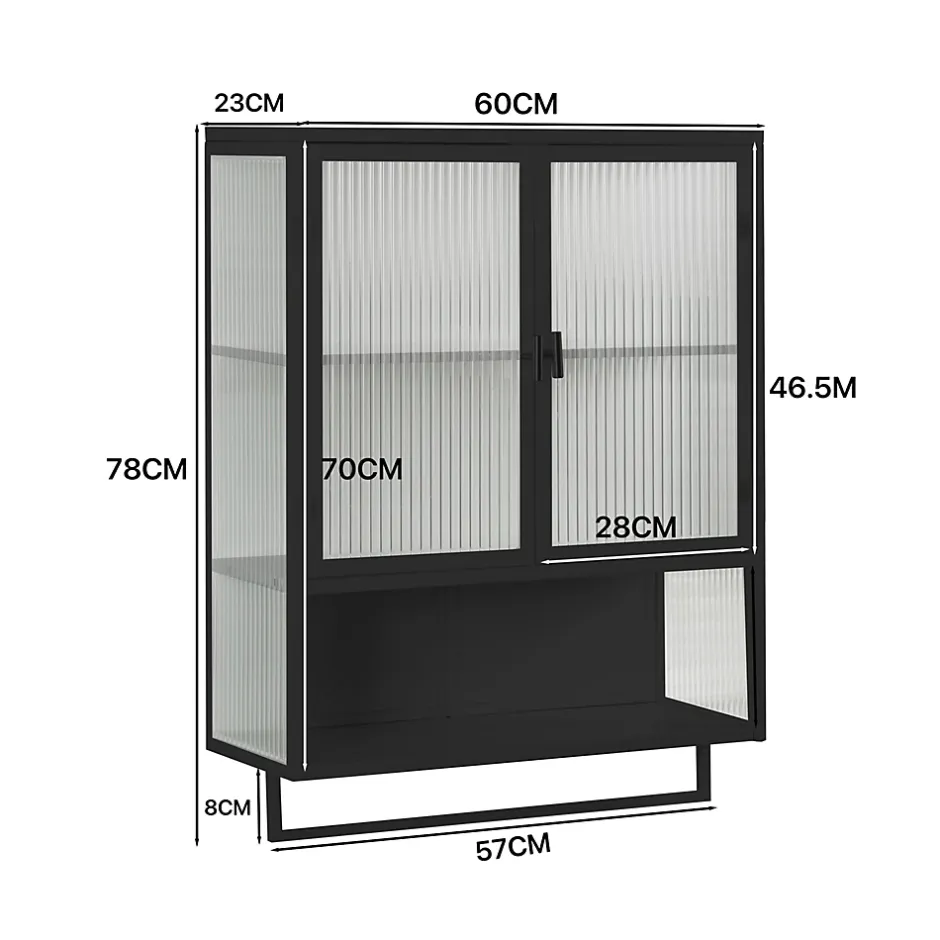Okwish Armoire Murale 2 Portes avec Porte-Serviettes et Étagère Ouverte, Meuble en Verre et Métal pour Salle de Bain - 60x23x78 cm - Noir* Armoire De Salle De Bains