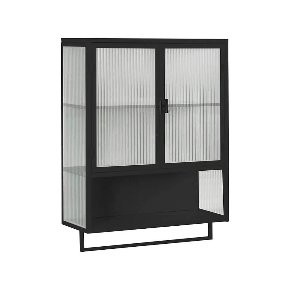 Okwish Armoire Murale 2 Portes avec Porte-Serviettes et Étagère Ouverte, Meuble en Verre et Métal pour Salle de Bain - 60x23x78 cm - Noir* Armoire De Salle De Bains